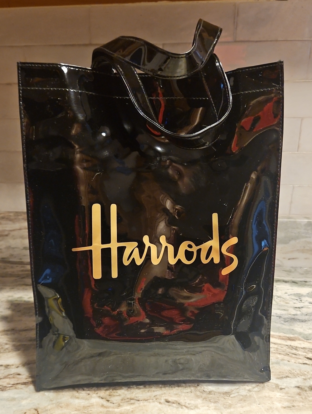Harrods Black Plastic Tote - Vintage - Lined - Zip Pocket - Picture 6 of 11